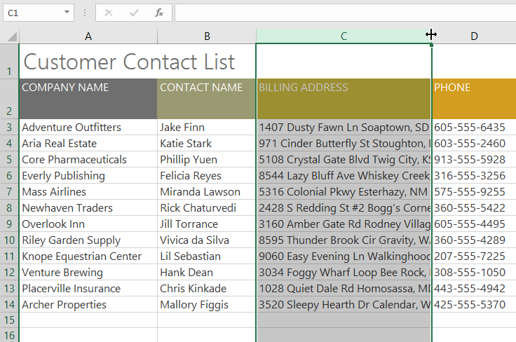 positioning the mouse over the column line