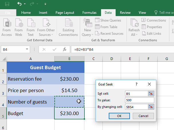 setting parameters in the goal seek dialog box