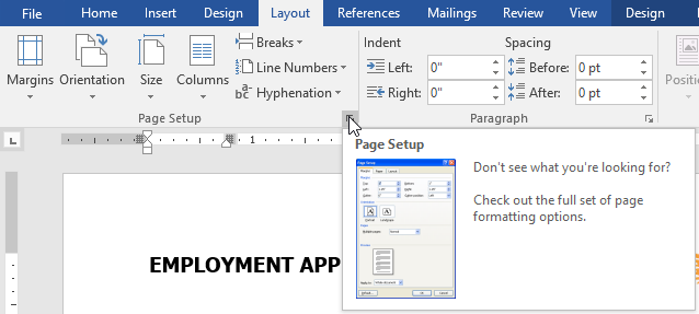 Opening the Page Setup dialog box