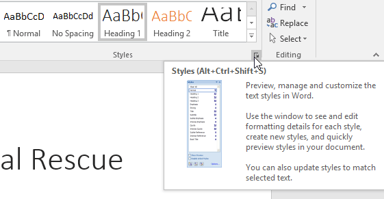 clicking the arrow in the bottom-right corner of the Styles group