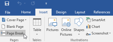 selecting the Page Break command on the Insert tab