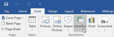 selecting the SmartArt command on the Insert tab