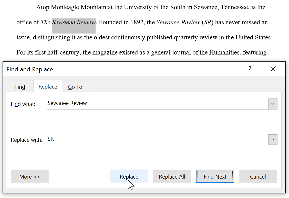 replacing Sewanee Review with SR
