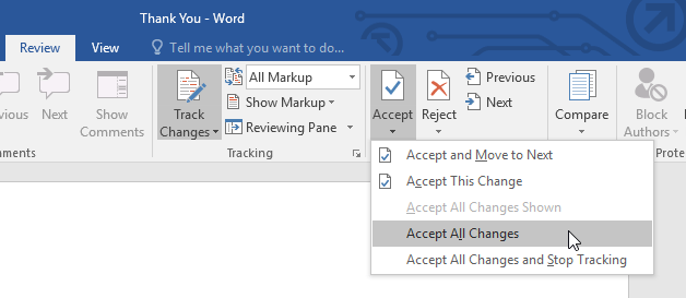 accepting all changes in a document