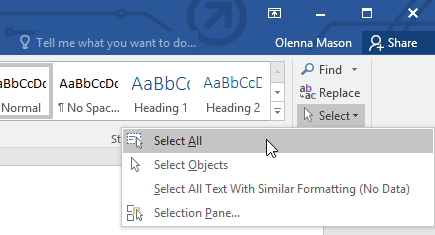 selecting all text in the document