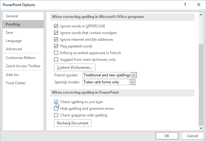 modifying proofing options in the Options dialog