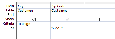Setting the search criteria so that the query will find records with either "Raleigh" in the City field or "27513" in the Zip Code field.