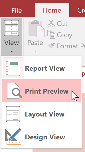 Selecting Print Preview from the View menu