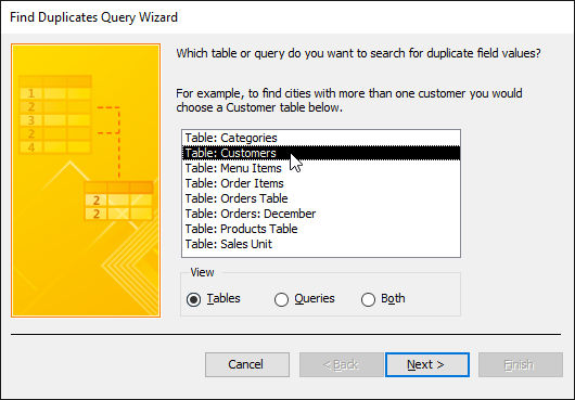 Selecting the table to search for duplicates
