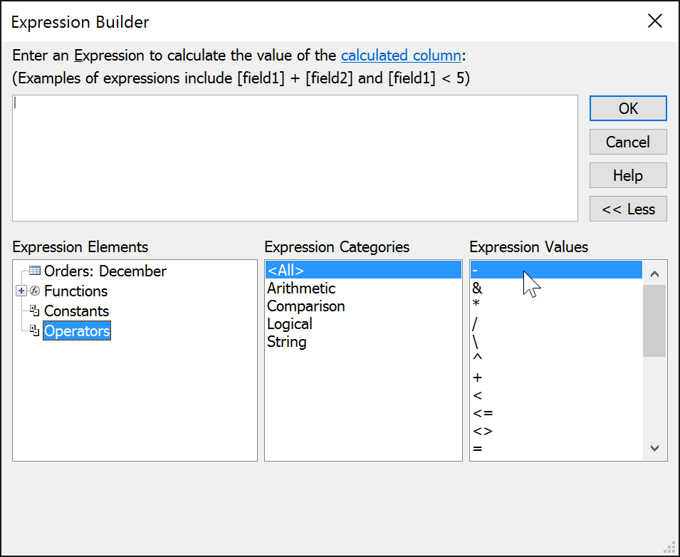 Arithmetic operators in the Expression Builder