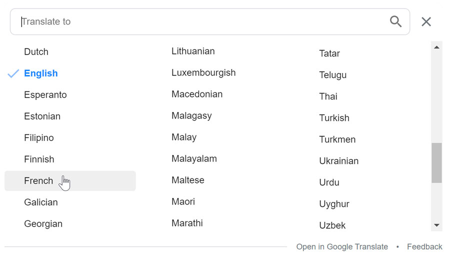 using the menu to change the translation language to French