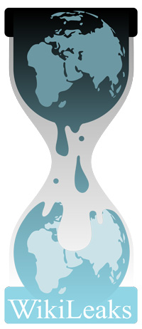 The logo of Wikileaks: An hourglass containing a globe dripping down onto another globe.