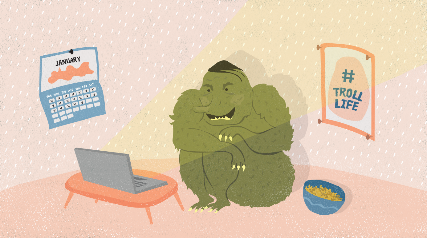 illustration of a troll sitting in their room while looking at their laptop