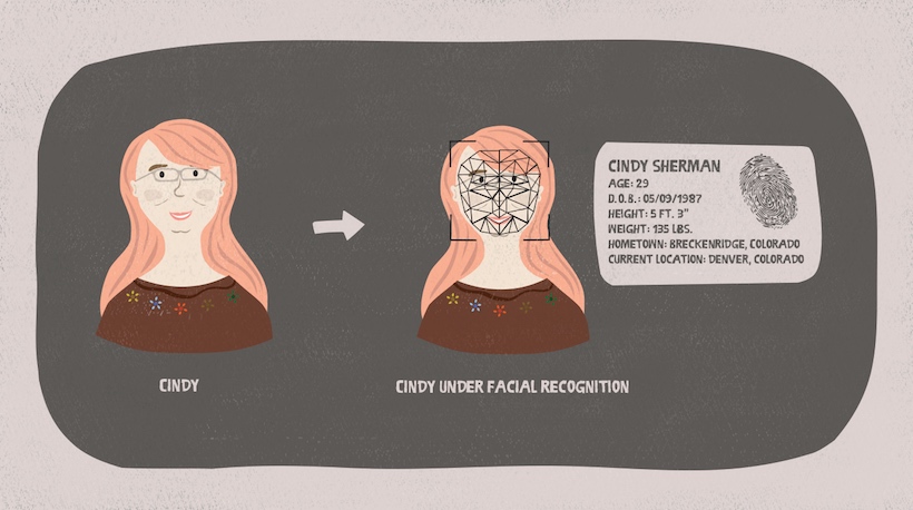 A facial recognition program scans a woman's face and displays her biographical details.