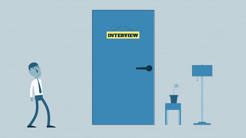A job applicant pausing in front of an employer's office door.