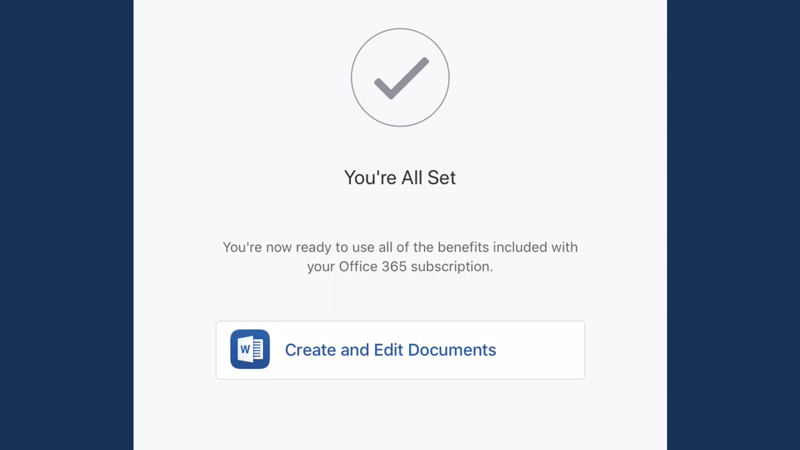 A confirmation screen for an Office 365 subscription.