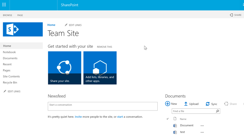 A SharePoint page for a group called Team Site.