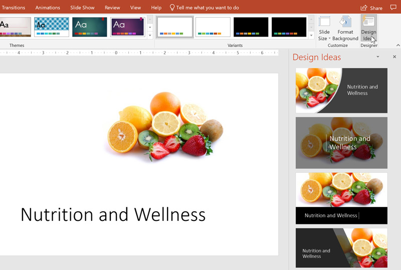 The Design Ideas feature showing various layout options in PowerPoint.