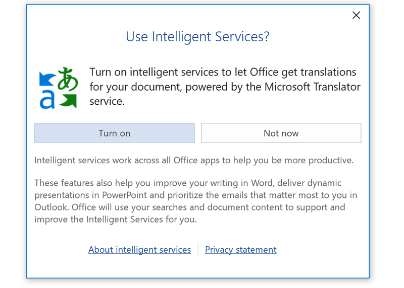 A prompt to activate Office Intelligent Services.