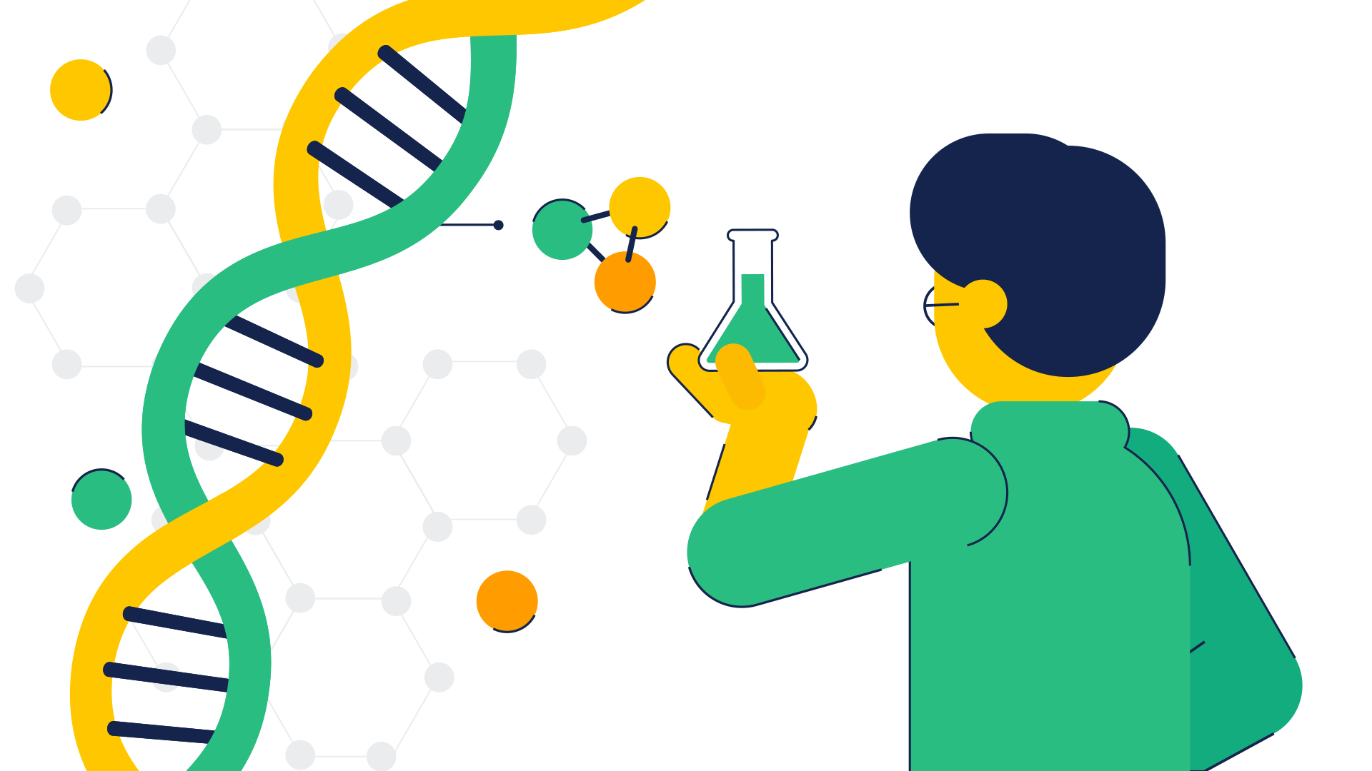 An illustration of a person holding a beaker, and a strand of DNA.