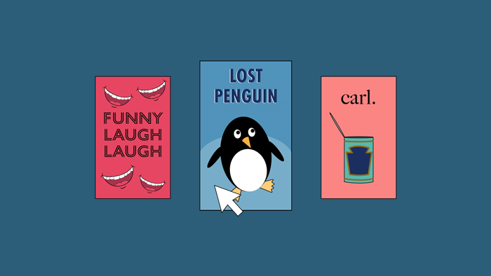 A small selection of streaming movies, with a mouse cursor selecing a title called Lost Penguin.