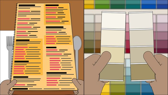 A person holds a lengthy dinner menu, and another person holds various paint swatches.