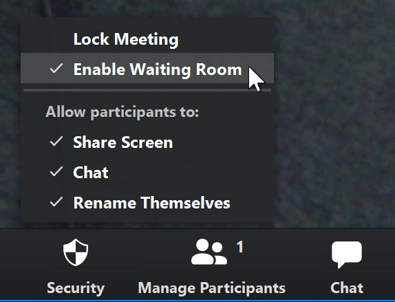 A screenshot of a mouse cursor hovering over the Enable Waiting Room option in the Zoom app.