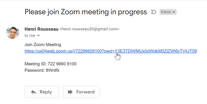 A screenshot of an email containing a link to a Zoom meeting, with a mouse cursor hovering over the link..