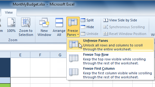 Selecting the Unfreeze Panes command from the View tab