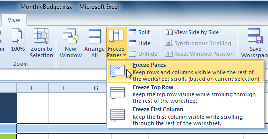 Selecting the Freeze Panes command from the View tab