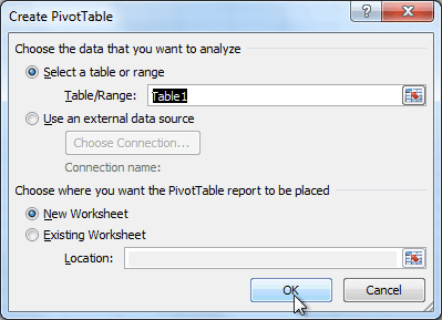 The Create PivotTable dialog box