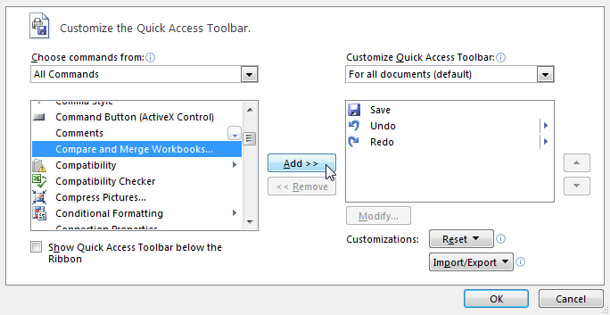 Adding the Compare and Merge Workbooks command