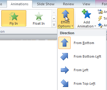 Viewing the options for the Fly In effect