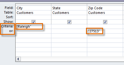 Setting the search criteria so that the query will find records with either "Raleigh" in the City field or "27513" in the Zip Code field.