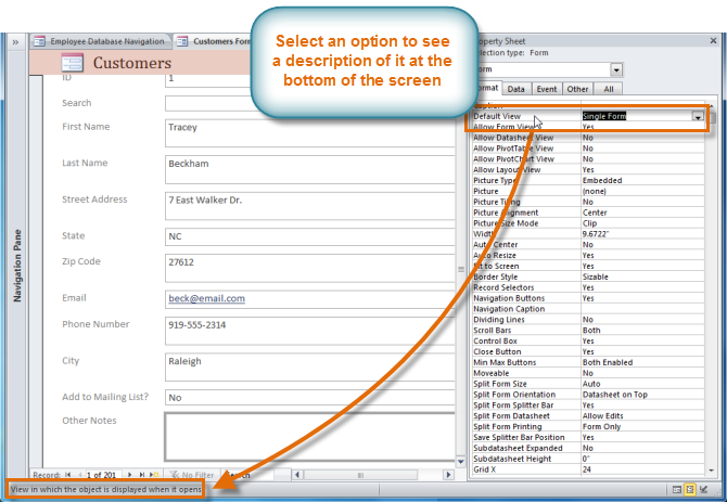 Selecting a Property Sheet option to find out what it does