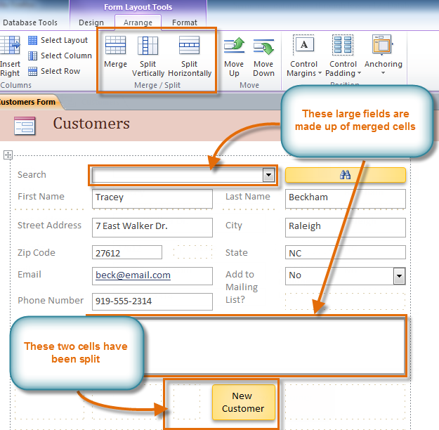 Fields in merged and split cells