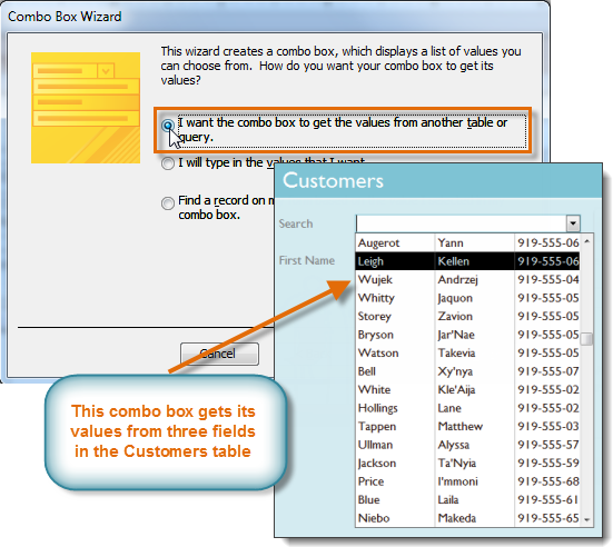 A combo box that takes its values from a table