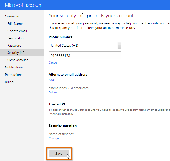 Screenshot of Microsoft account