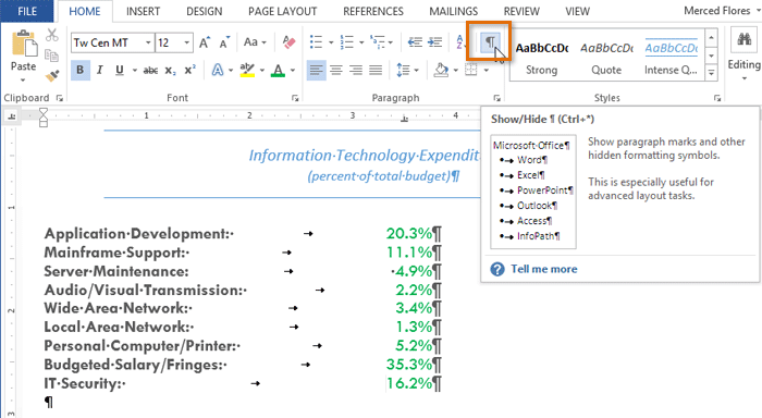 Screenshot of Word 2013