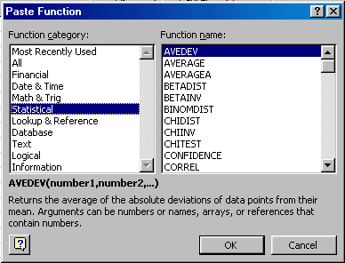 Paste Function Dialog Box