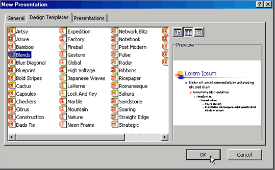 New Presentation Dialog Box with Blends Template Selected