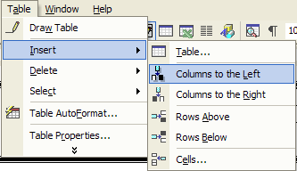 Insert Columns Menu