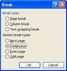 Insert Break Dialog Box