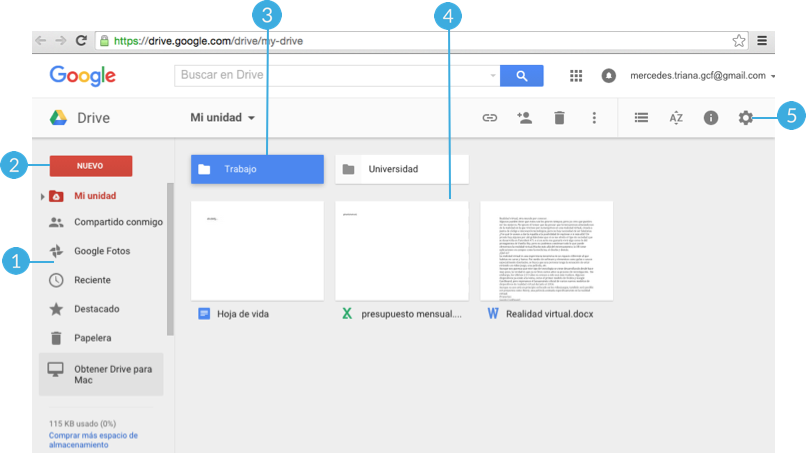 Imagen ejemplo de la interfaz de Google Drive.