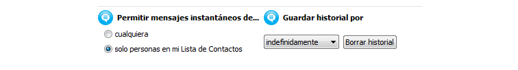 Configuración de mensajería instantánea e historial de conversación.