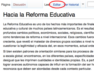 Paso 1. Editar Wikipedia es muy sencillo, simplemente haga clic en la pestaña «editar» ubicada en la parte superior de todas las páginas (cada sección también tiene un enlace equivalente).