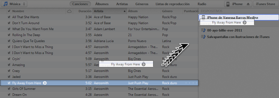 Arrastrar la canción del iTunes hasta el dispositivo.