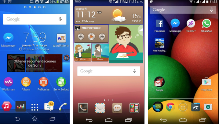 Imágenes ejemplo de pantallas de inicio de diferentes equipos con sistema operativo Android. 
