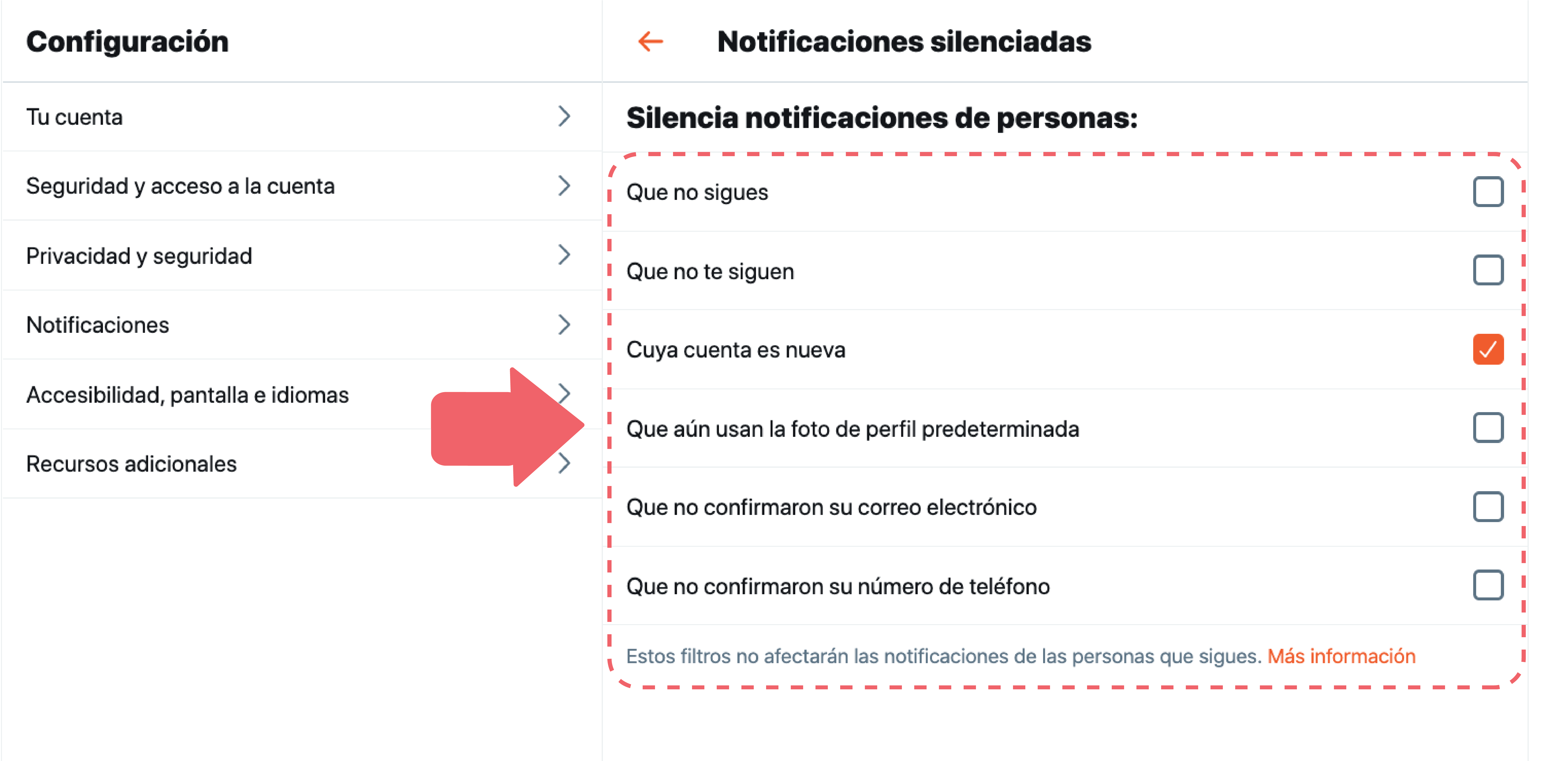 Aquí podrás silenciar las notificaciones de personas que no sigues, no te siguen, tienen una cuenta nueva, no tienen foto o no han confirmado su correo o su número telefónico. 