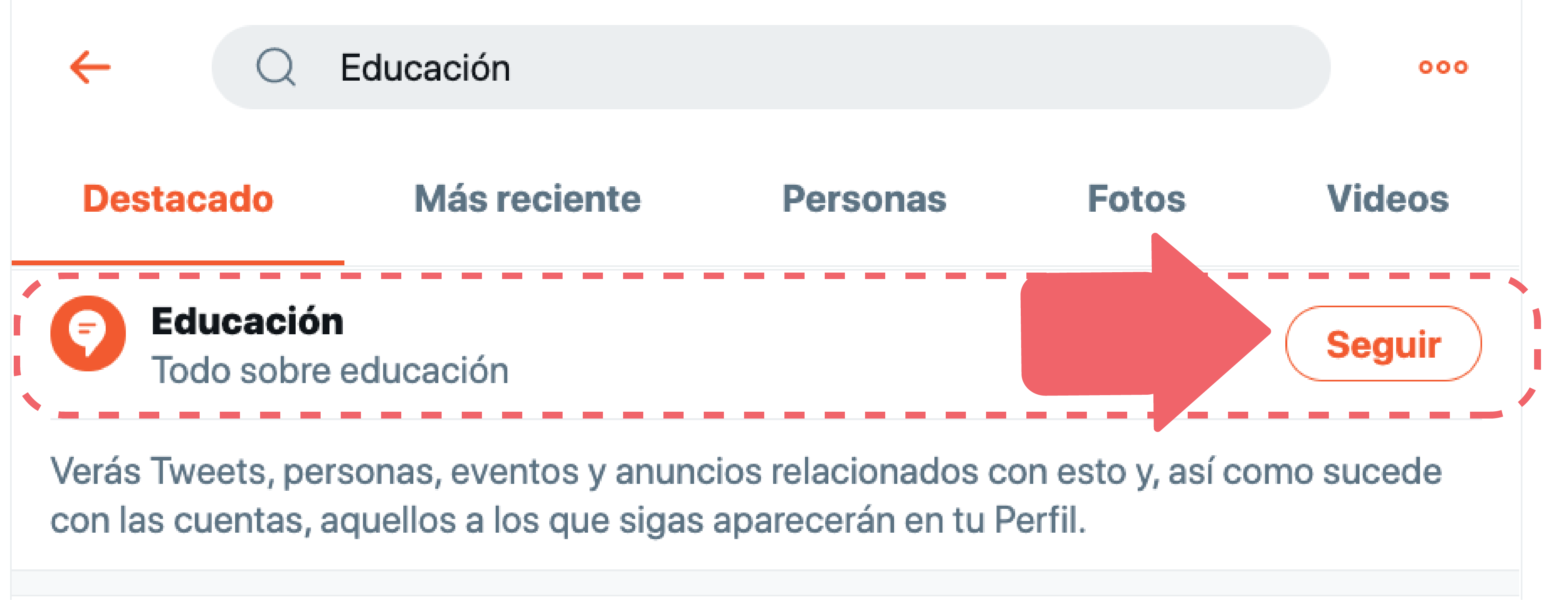 Si Twitter ya tiene un catalogo de este tema, te aparecerá ese término con la opción de Seguir, sí así lo deseas, pulsa el botón Seguir para no perderte las conversaciones alrededor de ese tema en tu línea temporal o cronología de Twitter.